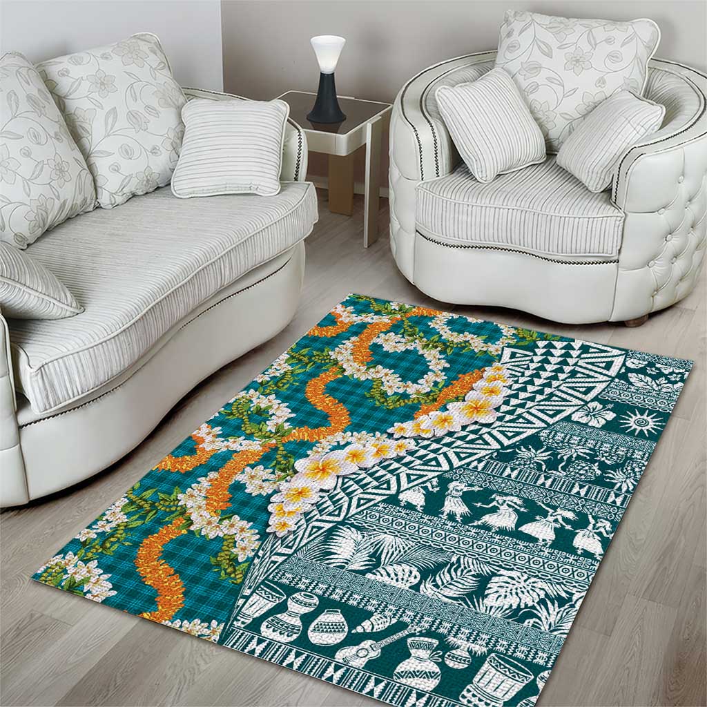 Hawaiian Plumeria Lei Area Rug Kakau Motifs and Palaka Half Style Turquoise Color LT03 - Polynesian Pride