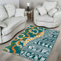 Hawaiian Plumeria Lei Area Rug Kakau Motifs and Palaka Half Style Turquoise Color LT03 - Polynesian Pride