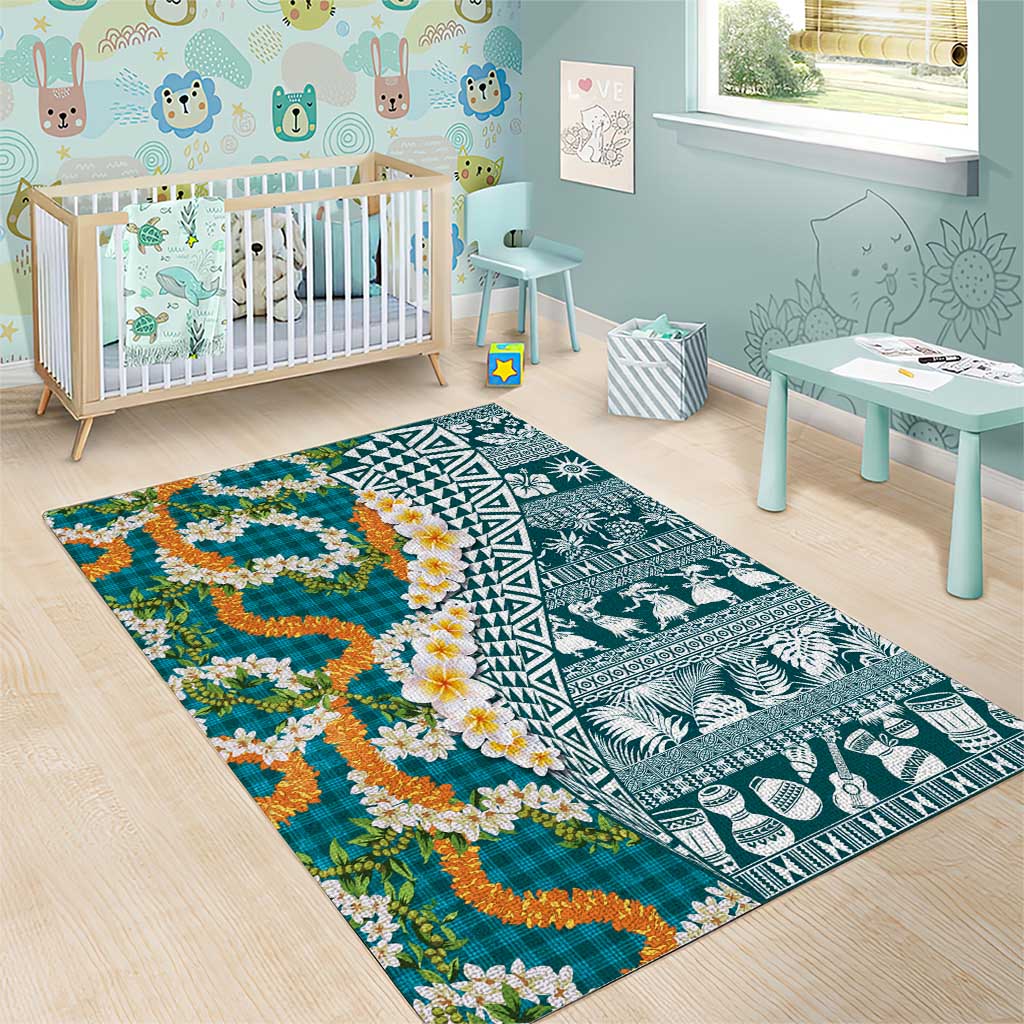 Hawaiian Plumeria Lei Area Rug Kakau Motifs and Palaka Half Style Turquoise Color LT03 - Polynesian Pride