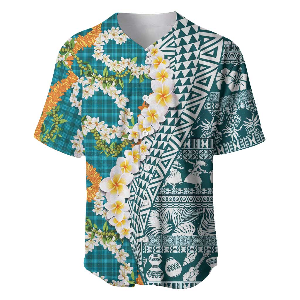 Hawaiian Plumeria Lei Baseball Jersey Kakau Motifs and Palaka Half Style Turquoise Color - Polynesian Pride