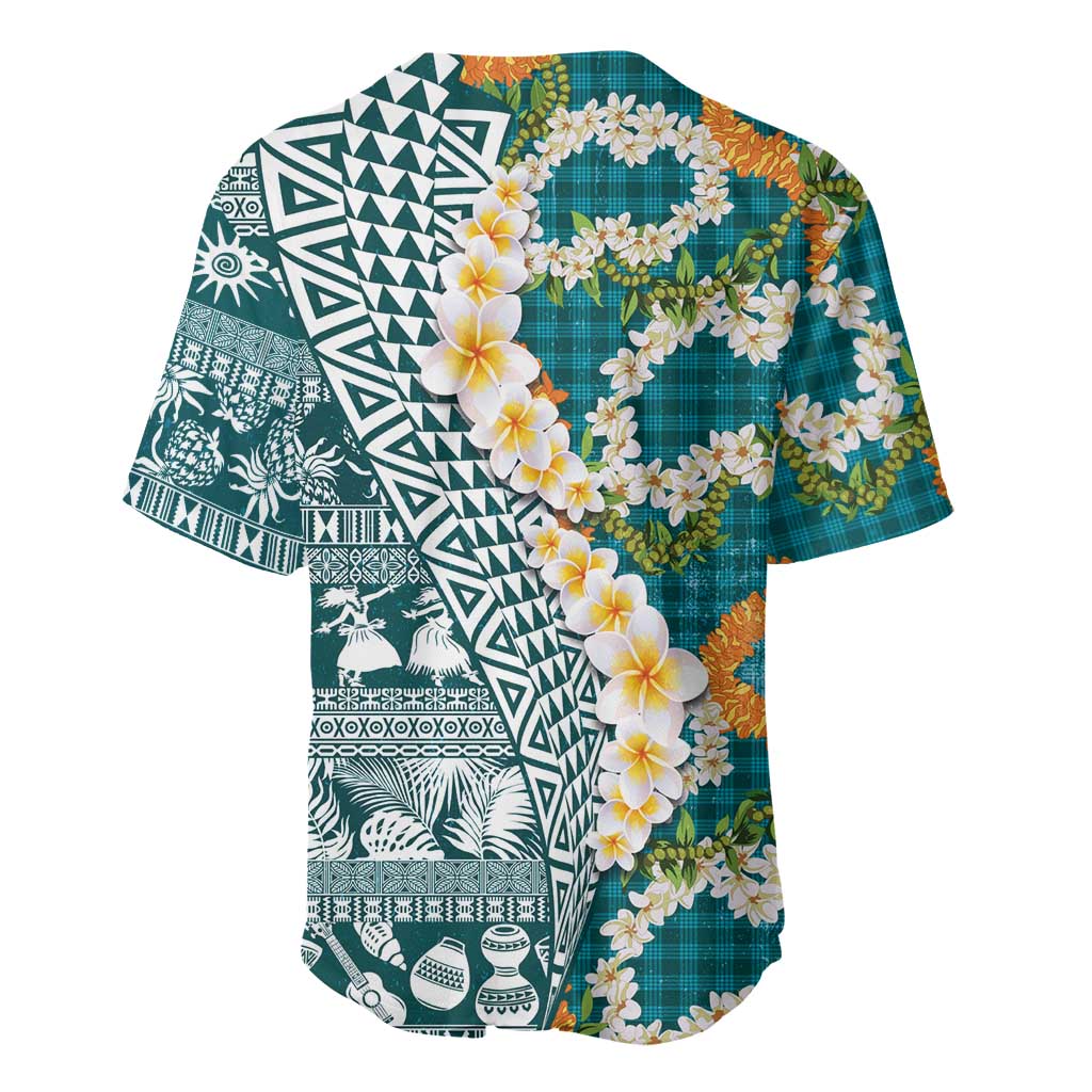 Hawaiian Plumeria Lei Baseball Jersey Kakau Motifs and Palaka Half Style Turquoise Color - Polynesian Pride