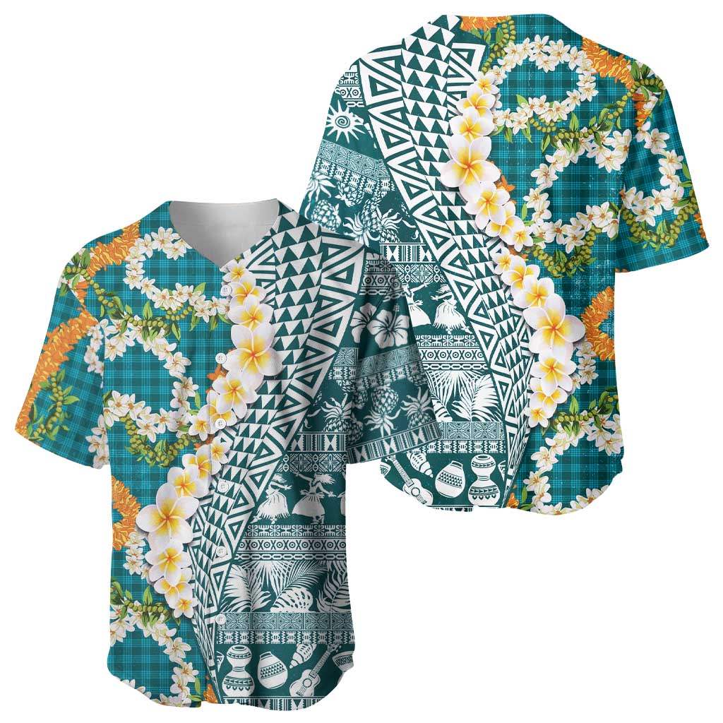 Hawaiian Plumeria Lei Baseball Jersey Kakau Motifs and Palaka Half Style Turquoise Color - Polynesian Pride