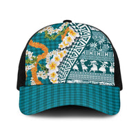 Hawaiian Plumeria Lei Baseball Net Cap Kakau Motifs and Palaka Half Style Turquoise Color LT03 One Size Black Turquoise - Polynesian Pride