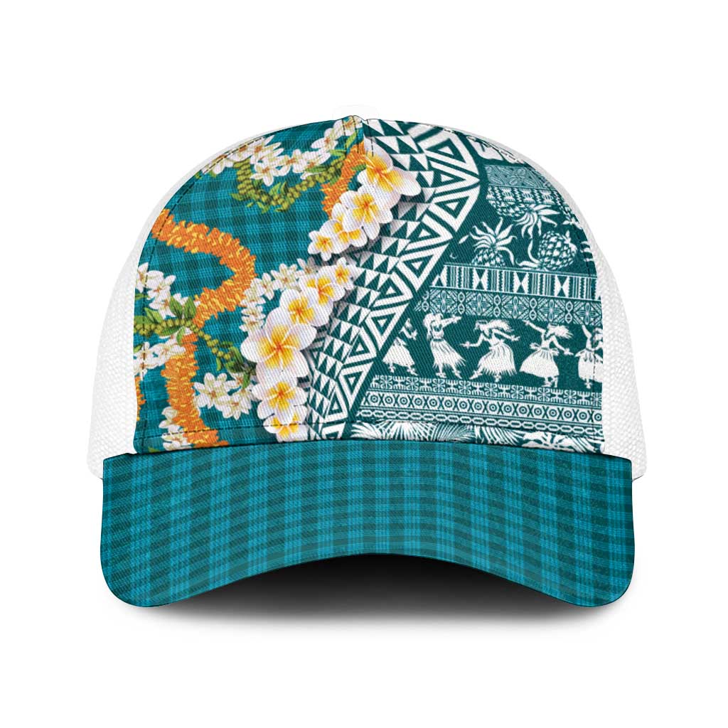 Hawaiian Plumeria Lei Baseball Net Cap Kakau Motifs and Palaka Half Style Turquoise Color LT03 One Size White Turquoise - Polynesian Pride