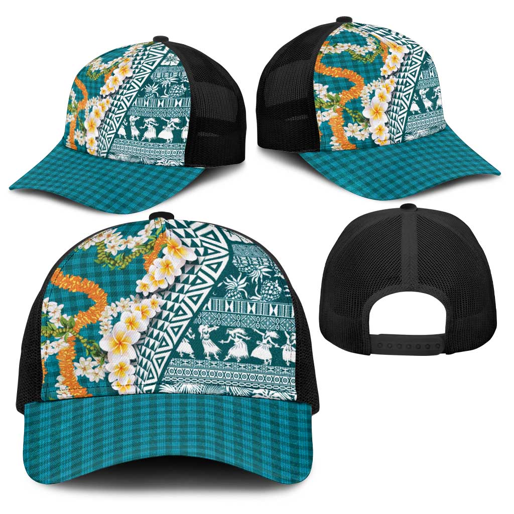 Hawaiian Plumeria Lei Baseball Net Cap Kakau Motifs and Palaka Half Style Turquoise Color LT03 - Polynesian Pride