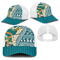Hawaiian Plumeria Lei Baseball Net Cap Kakau Motifs and Palaka Half Style Turquoise Color LT03 - Polynesian Pride