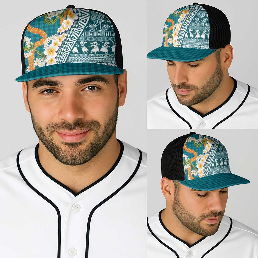 Hawaiian Plumeria Lei Baseball Net Cap Kakau Motifs and Palaka Half Style Turquoise Color LT03 - Polynesian Pride