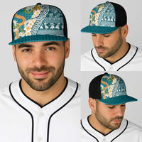 Hawaiian Plumeria Lei Baseball Net Cap Kakau Motifs and Palaka Half Style Turquoise Color LT03 - Polynesian Pride
