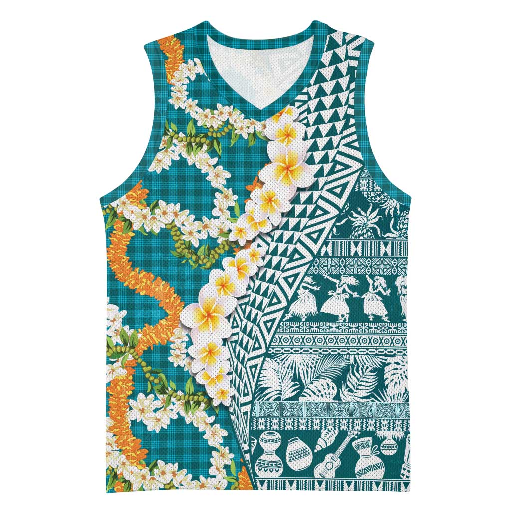 Hawaiian Plumeria Lei Basketball Jersey Kakau Motifs and Palaka Half Style Turquoise Color - Polynesian Pride