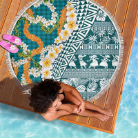 Hawaiian Plumeria Lei Beach Blanket Kakau Motifs and Palaka Half Style Turquoise Color LT03 - Polynesian Pride