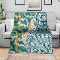 Hawaiian Plumeria Lei Blanket Kakau Motifs and Palaka Half Style Turquoise Color LT03 - Polynesian Pride