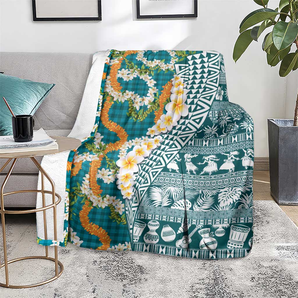 Hawaiian Plumeria Lei Blanket Kakau Motifs and Palaka Half Style Turquoise Color LT03 - Polynesian Pride