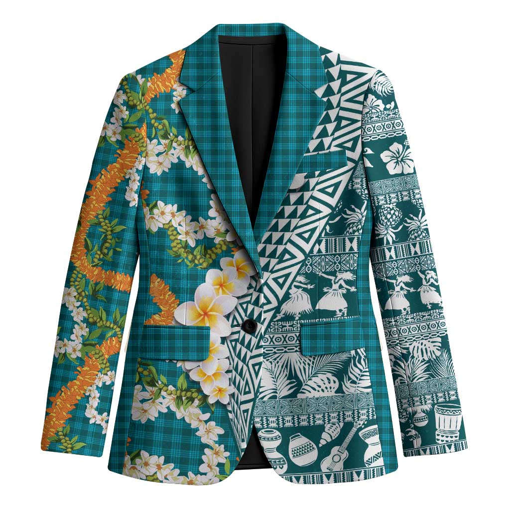 Hawaiian Plumeria Lei Blazer Kakau Motifs and Palaka Half Style Turquoise Color LT03 Unisex Turquoise - Polynesian Pride