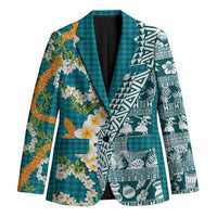 Hawaiian Plumeria Lei Blazer Kakau Motifs and Palaka Half Style Turquoise Color LT03 Unisex Turquoise - Polynesian Pride