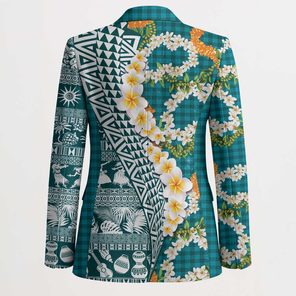 Hawaiian Plumeria Lei Blazer Kakau Motifs and Palaka Half Style Turquoise Color LT03 - Polynesian Pride
