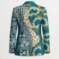 Hawaiian Plumeria Lei Blazer Kakau Motifs and Palaka Half Style Turquoise Color LT03 - Polynesian Pride