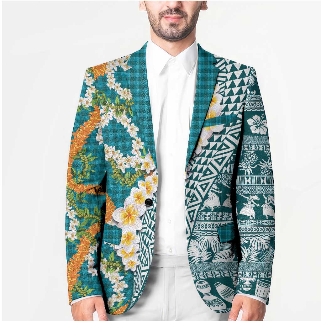 Hawaiian Plumeria Lei Blazer Kakau Motifs and Palaka Half Style Turquoise Color LT03 - Polynesian Pride