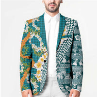 Hawaiian Plumeria Lei Blazer Kakau Motifs and Palaka Half Style Turquoise Color LT03 - Polynesian Pride