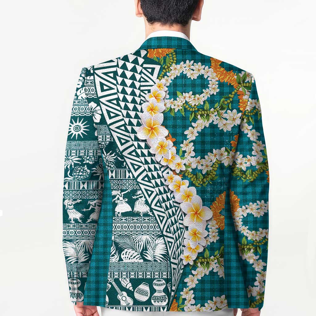 Hawaiian Plumeria Lei Blazer Kakau Motifs and Palaka Half Style Turquoise Color LT03 - Polynesian Pride