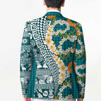 Hawaiian Plumeria Lei Blazer Kakau Motifs and Palaka Half Style Turquoise Color LT03 - Polynesian Pride