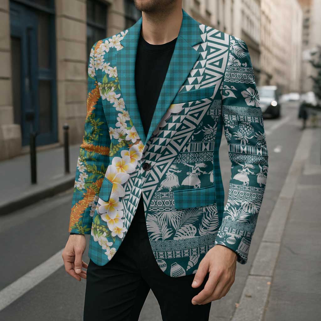 Hawaiian Plumeria Lei Blazer Kakau Motifs and Palaka Half Style Turquoise Color LT03 - Polynesian Pride