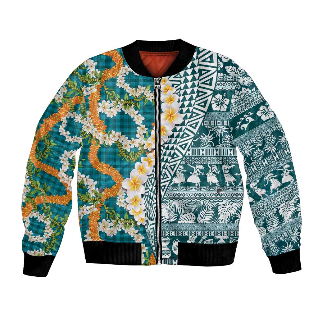 Hawaiian Plumeria Lei Bomber Jacket Kakau Motifs and Palaka Half Style Turquoise Color LT03 Unisex Turquoise - Polynesian Pride