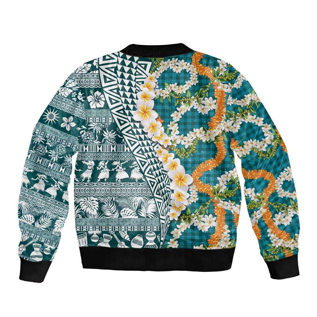Hawaiian Plumeria Lei Bomber Jacket Kakau Motifs and Palaka Half Style Turquoise Color LT03 - Polynesian Pride