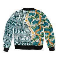 Hawaiian Plumeria Lei Bomber Jacket Kakau Motifs and Palaka Half Style Turquoise Color LT03 - Polynesian Pride