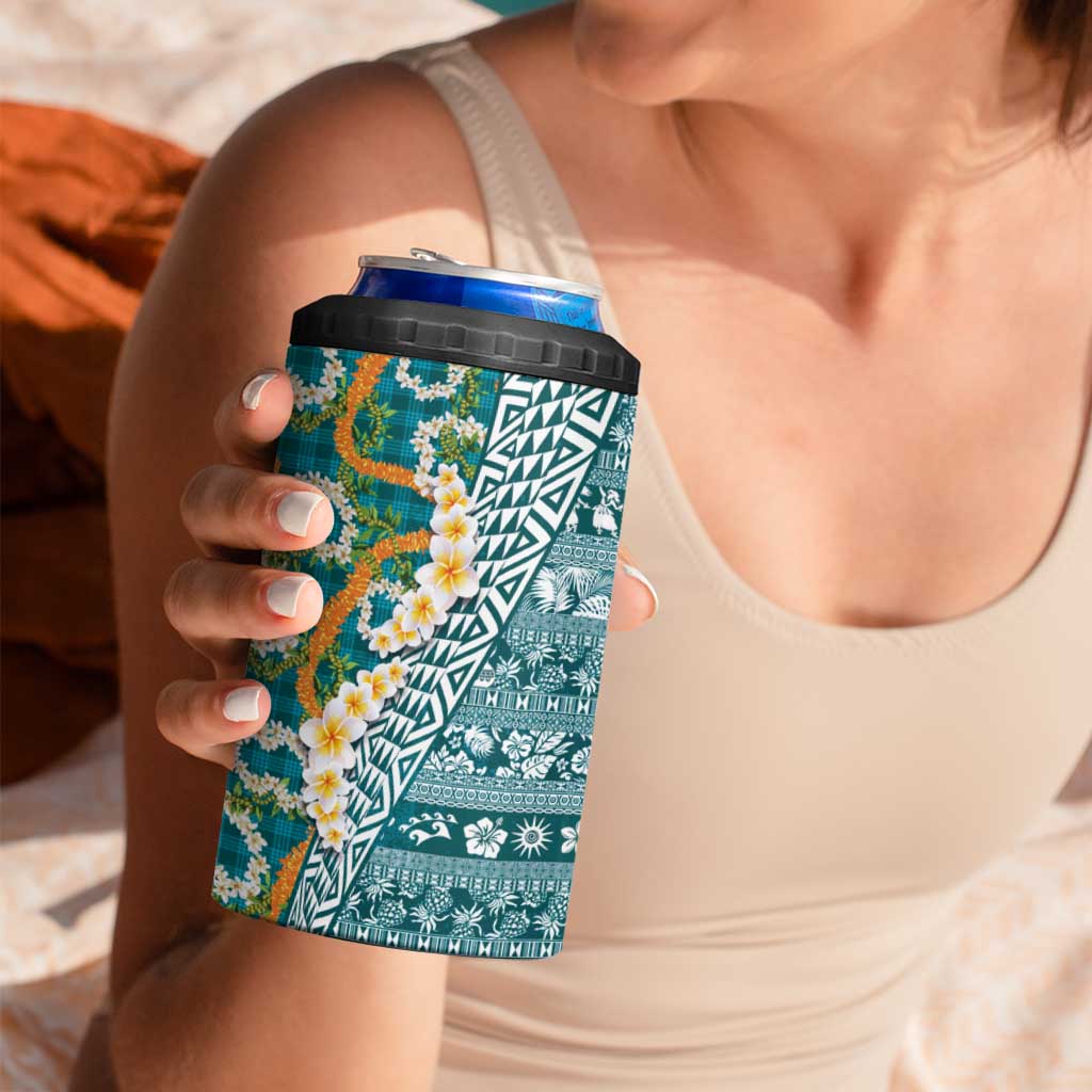 Hawaiian Plumeria Lei 4 in 1 Can Cooler Tumbler Kakau Motifs and Palaka Half Style Turquoise Color - Polynesian Pride