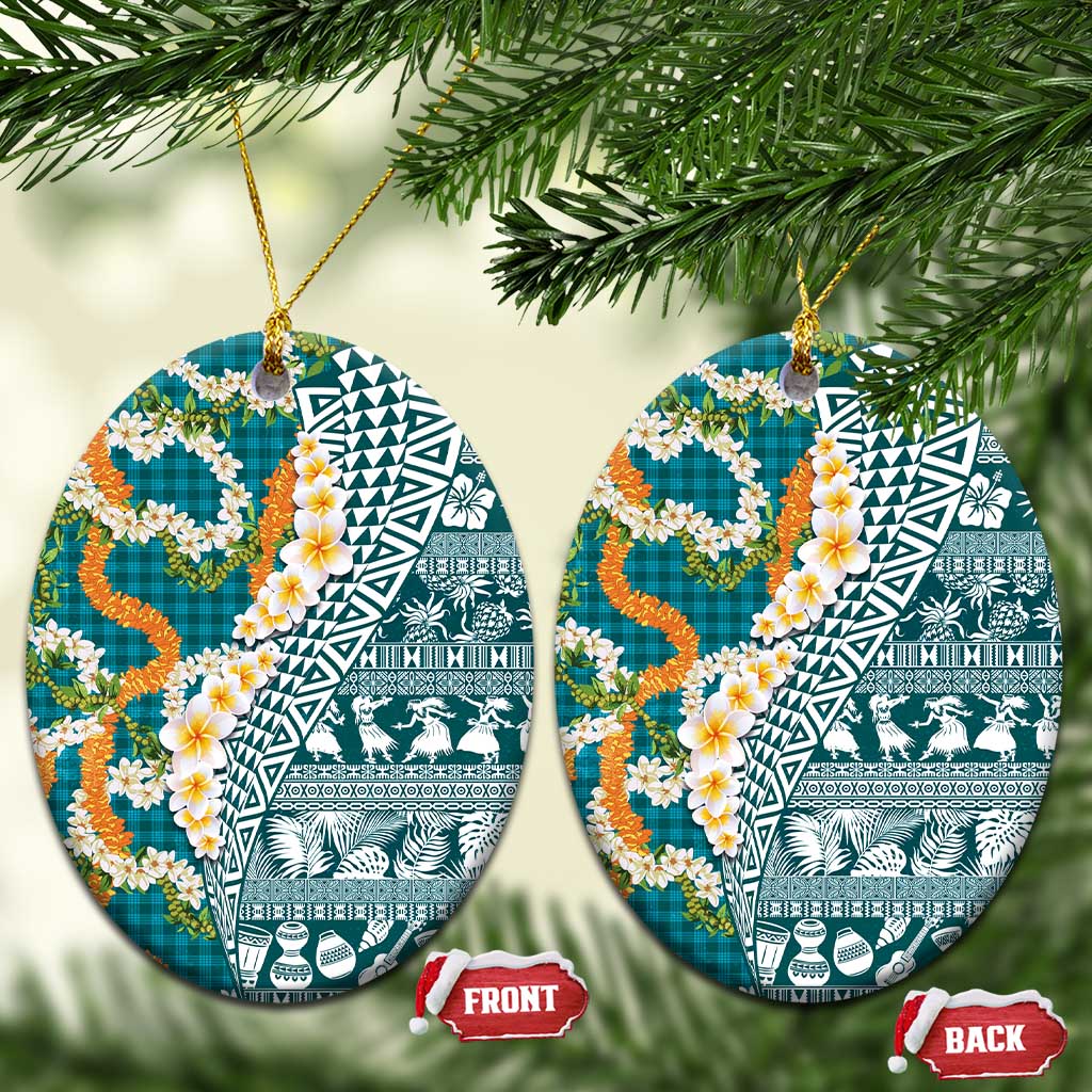 Hawaiian Plumeria Lei Ceramic Ornament Kakau Motifs and Palaka Half Style Turquoise Color LT03 Oval Turquoise - Polynesian Pride