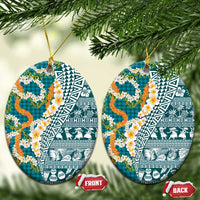 Hawaiian Plumeria Lei Ceramic Ornament Kakau Motifs and Palaka Half Style Turquoise Color LT03 Oval Turquoise - Polynesian Pride