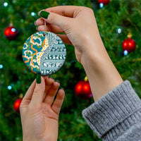 Hawaiian Plumeria Lei Ceramic Ornament Kakau Motifs and Palaka Half Style Turquoise Color LT03 - Polynesian Pride