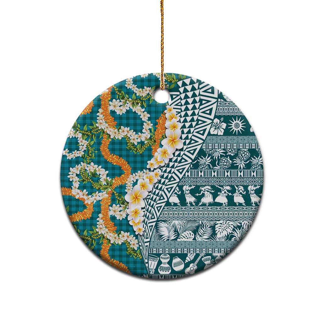 Hawaiian Plumeria Lei Ceramic Ornament Kakau Motifs and Palaka Half Style Turquoise Color LT03 - Polynesian Pride