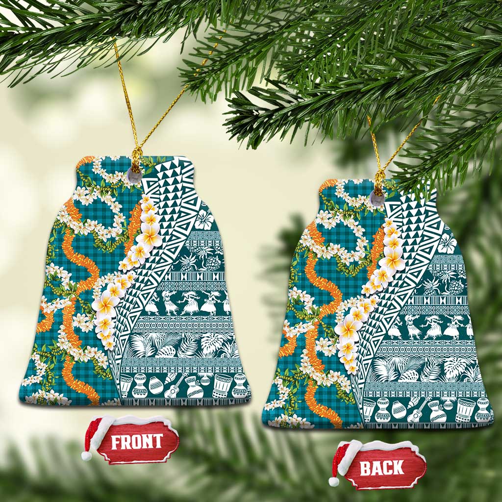 Hawaiian Plumeria Lei Ceramic Ornament Kakau Motifs and Palaka Half Style Turquoise Color LT03 Bell Flake Turquoise - Polynesian Pride