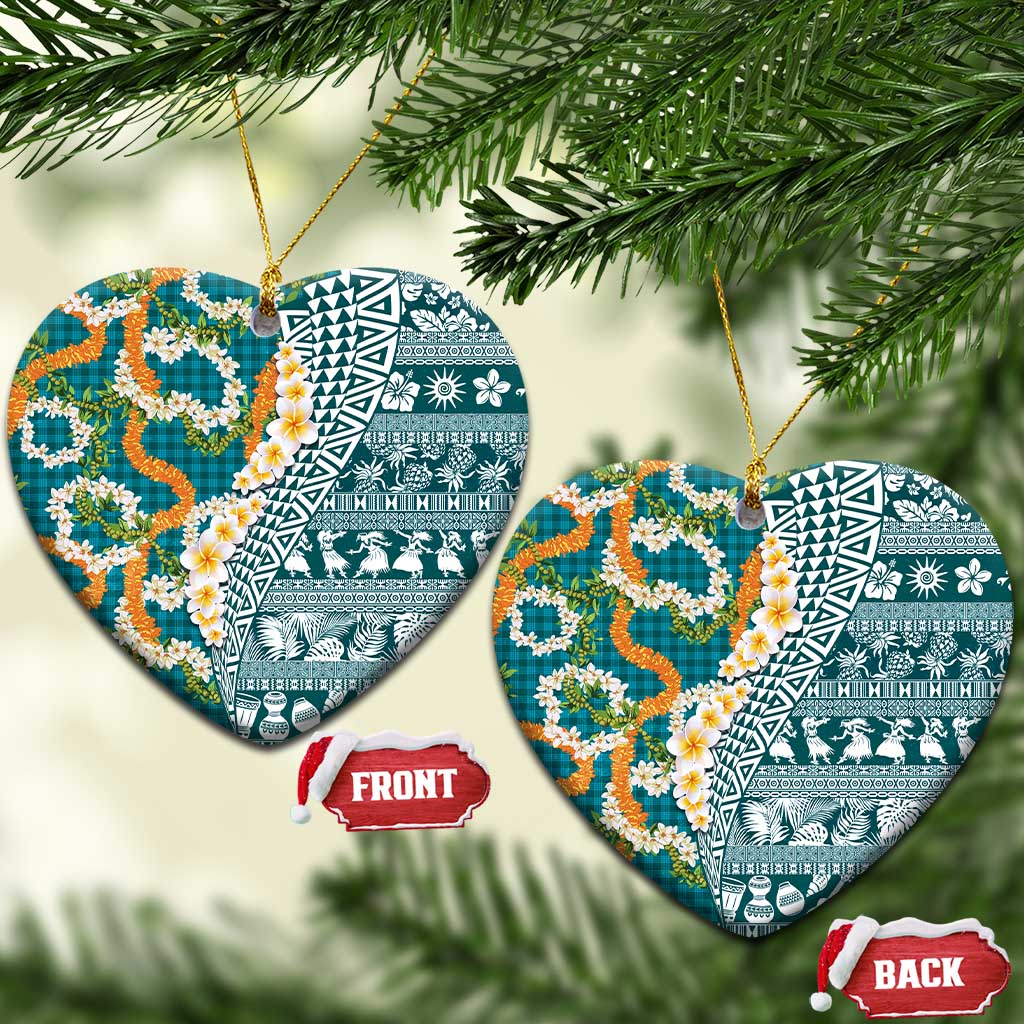 Hawaiian Plumeria Lei Ceramic Ornament Kakau Motifs and Palaka Half Style Turquoise Color LT03 Heart Turquoise - Polynesian Pride