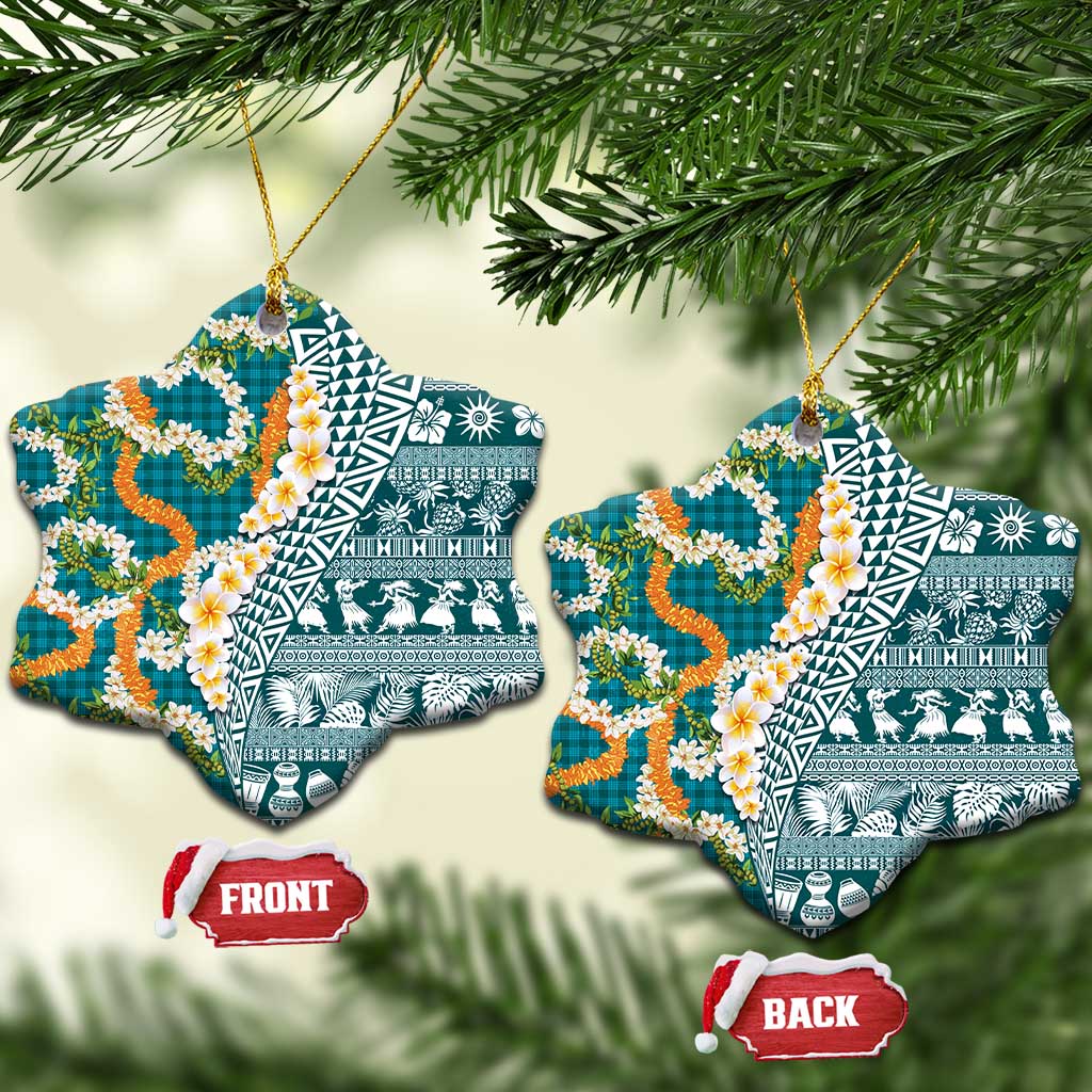 Hawaiian Plumeria Lei Ceramic Ornament Kakau Motifs and Palaka Half Style Turquoise Color LT03 Snow Flake Turquoise - Polynesian Pride