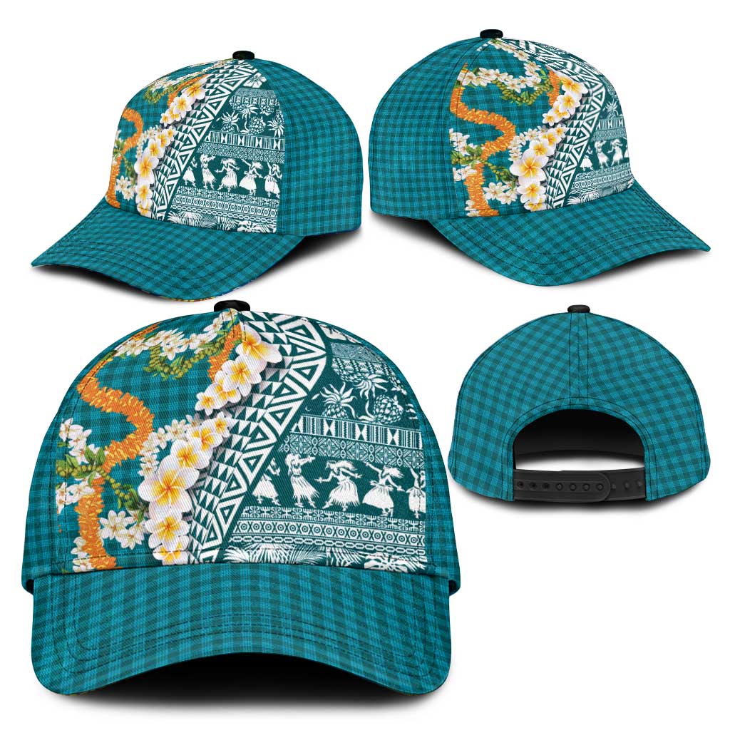 Hawaiian Plumeria Lei Classic Cap Kakau Motifs and Palaka Half Style Turquoise Color - Polynesian Pride