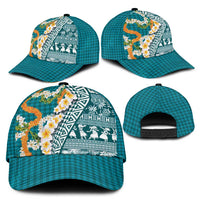 Hawaiian Plumeria Lei Classic Cap Kakau Motifs and Palaka Half Style Turquoise Color - Polynesian Pride