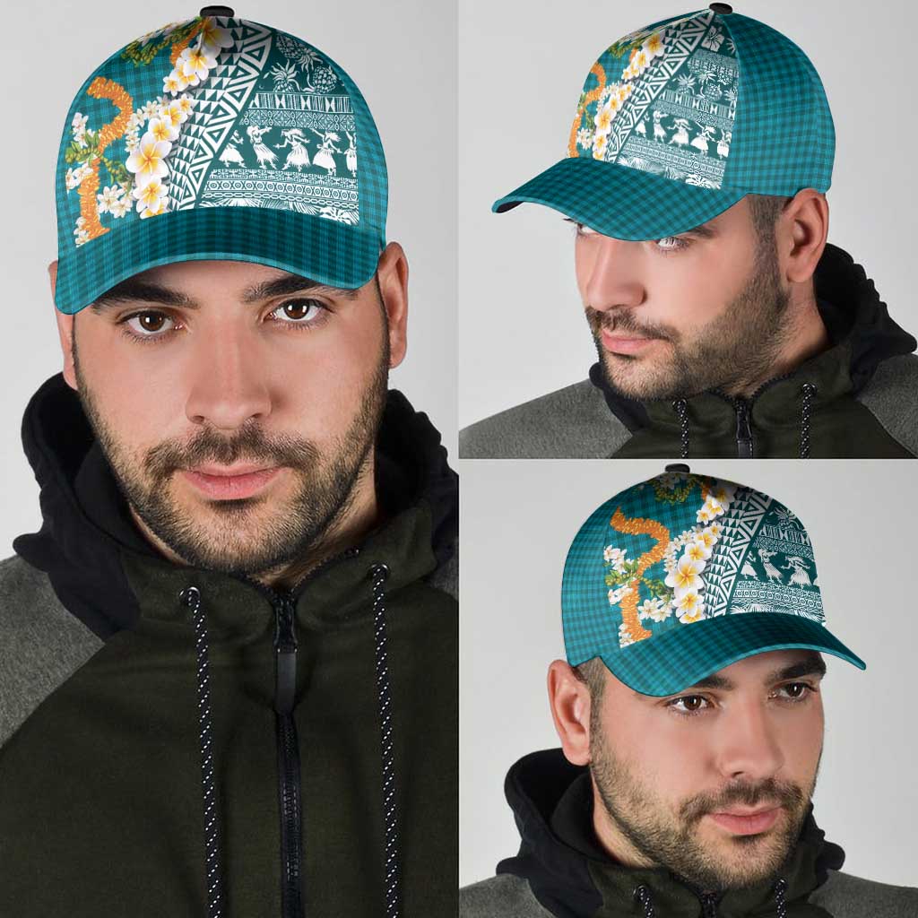 Hawaiian Plumeria Lei Classic Cap Kakau Motifs and Palaka Half Style Turquoise Color - Polynesian Pride
