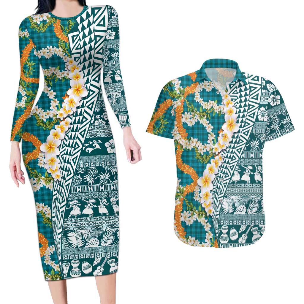 Hawaiian Plumeria Lei Couples Matching Long Sleeve Bodycon Dress and Hawaiian Shirt Kakau Motifs and Palaka Half Style Turquoise Color - Polynesian Pride