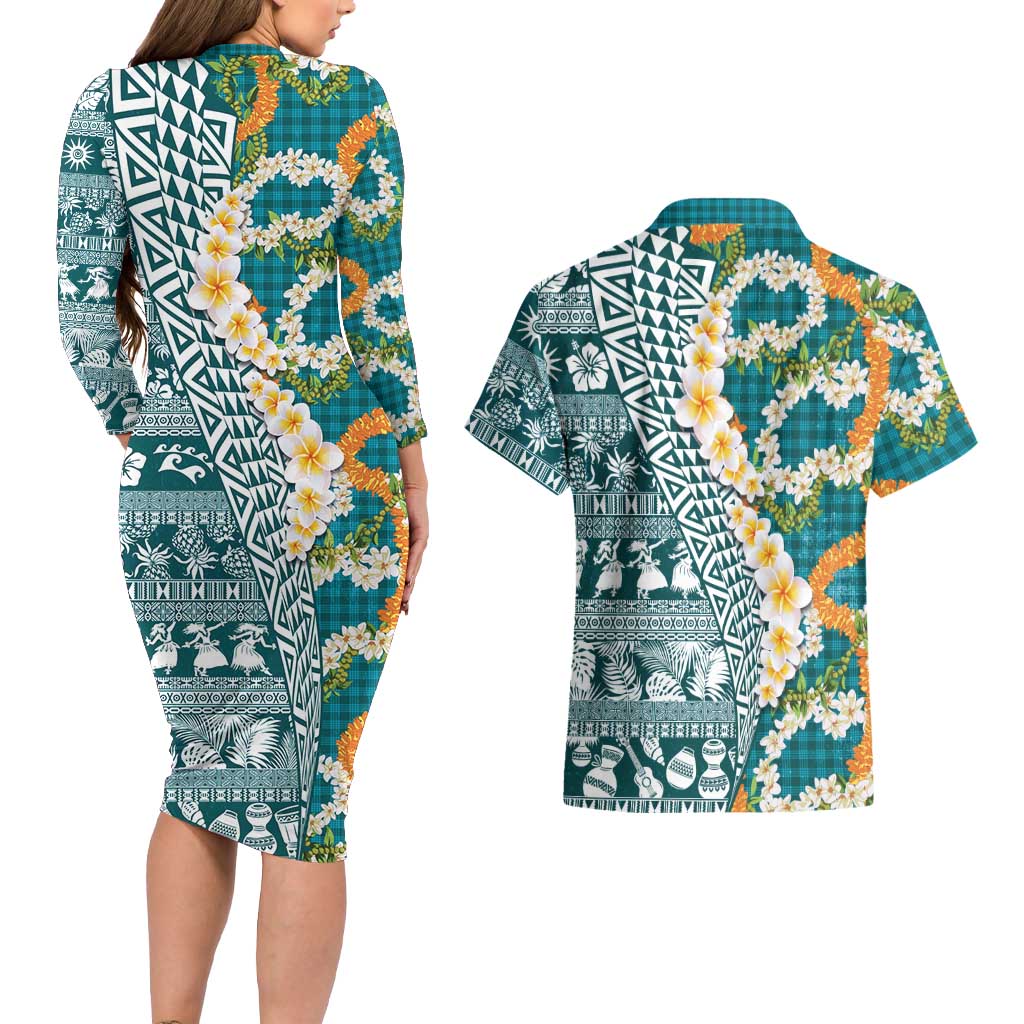 Hawaiian Plumeria Lei Couples Matching Long Sleeve Bodycon Dress and Hawaiian Shirt Kakau Motifs and Palaka Half Style Turquoise Color - Polynesian Pride