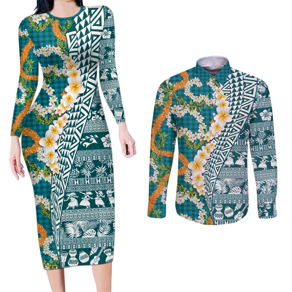 Hawaiian Plumeria Lei Couples Matching Long Sleeve Bodycon Dress and Long Sleeve Button Shirt Kakau Motifs and Palaka Half Style Turquoise Color - Polynesian Pride