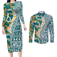 Hawaiian Plumeria Lei Couples Matching Long Sleeve Bodycon Dress and Long Sleeve Button Shirt Kakau Motifs and Palaka Half Style Turquoise Color - Polynesian Pride