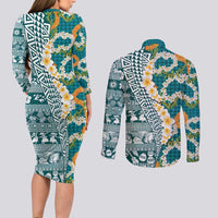 Hawaiian Plumeria Lei Couples Matching Long Sleeve Bodycon Dress and Long Sleeve Button Shirt Kakau Motifs and Palaka Half Style Turquoise Color - Polynesian Pride