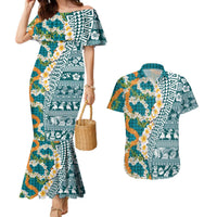 Hawaiian Plumeria Lei Couples Matching Mermaid Dress and Hawaiian Shirt Kakau Motifs and Palaka Half Style Turquoise Color - Polynesian Pride