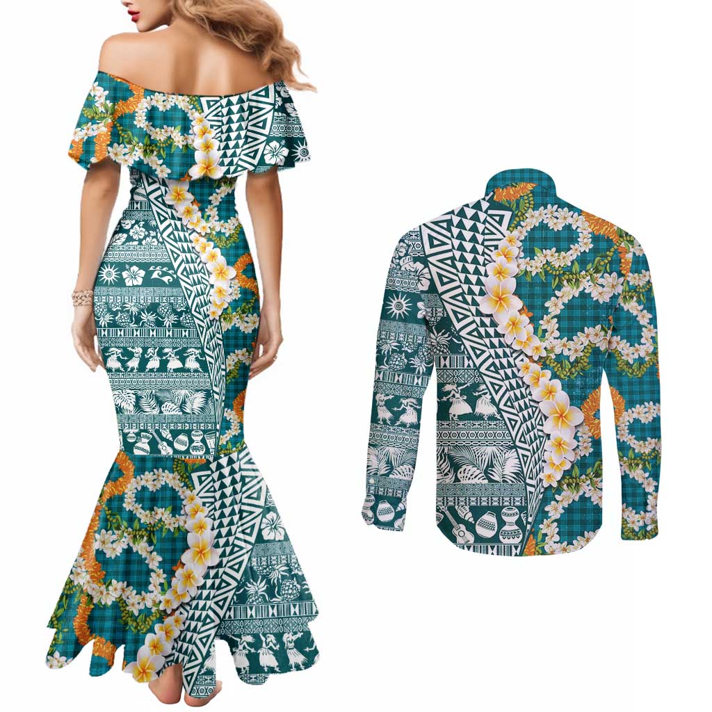Hawaiian Plumeria Lei Couples Matching Mermaid Dress and Long Sleeve Button Shirt Kakau Motifs and Palaka Half Style Turquoise Color - Polynesian Pride