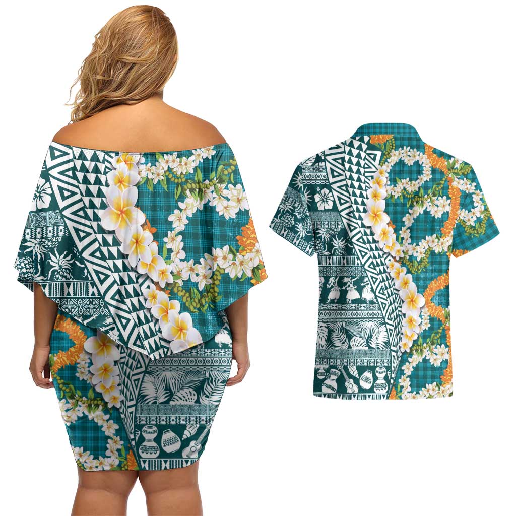 Hawaiian Plumeria Lei Couples Matching Off Shoulder Short Dress and Hawaiian Shirt Kakau Motifs and Palaka Half Style Turquoise Color - Polynesian Pride