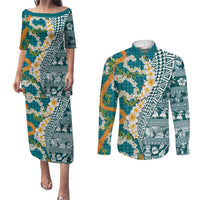 Hawaiian Plumeria Lei Couples Matching Puletasi and Long Sleeve Button Shirt Kakau Motifs and Palaka Half Style Turquoise Color - Polynesian Pride