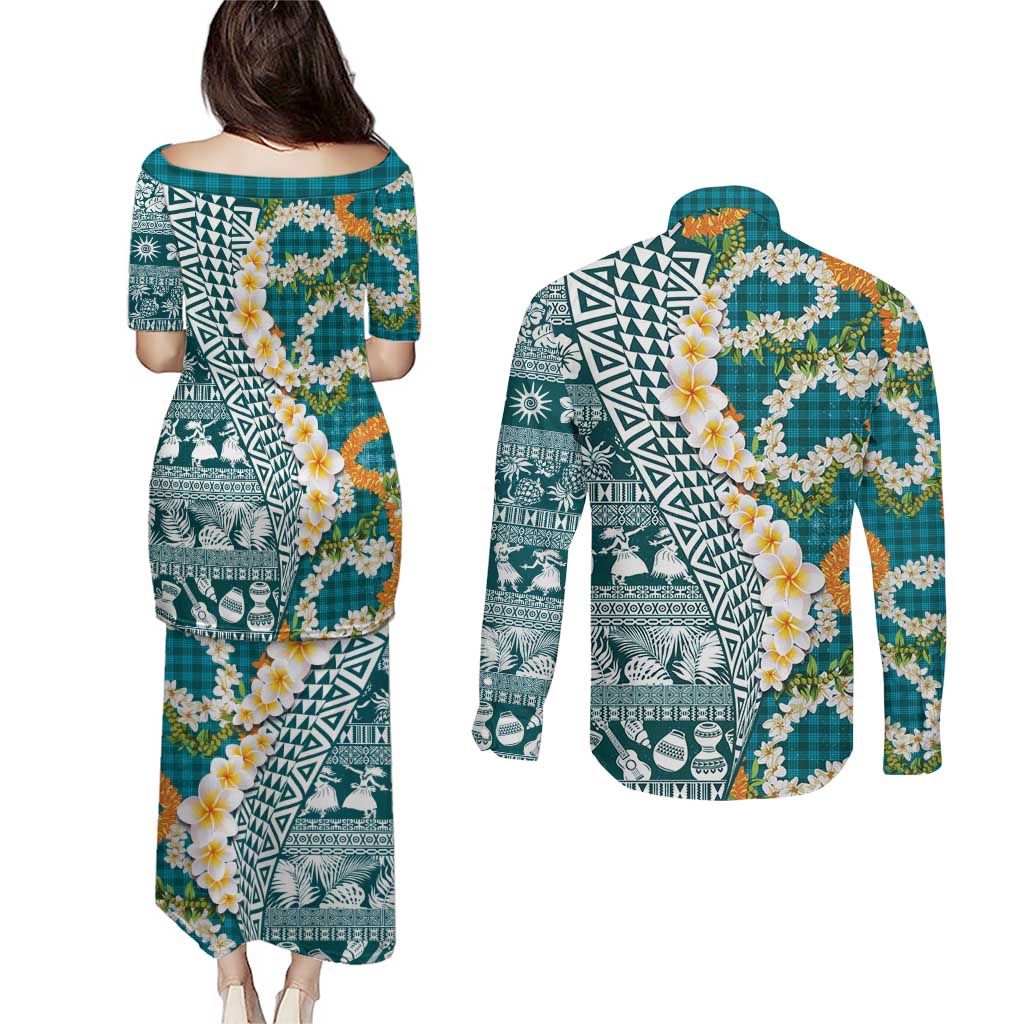 Hawaiian Plumeria Lei Couples Matching Puletasi and Long Sleeve Button Shirt Kakau Motifs and Palaka Half Style Turquoise Color - Polynesian Pride
