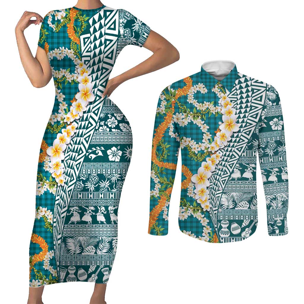 Hawaiian Plumeria Lei Couples Matching Short Sleeve Bodycon Dress and Long Sleeve Button Shirt Kakau Motifs and Palaka Half Style Turquoise Color LT03 Turquoise - Polynesian Pride